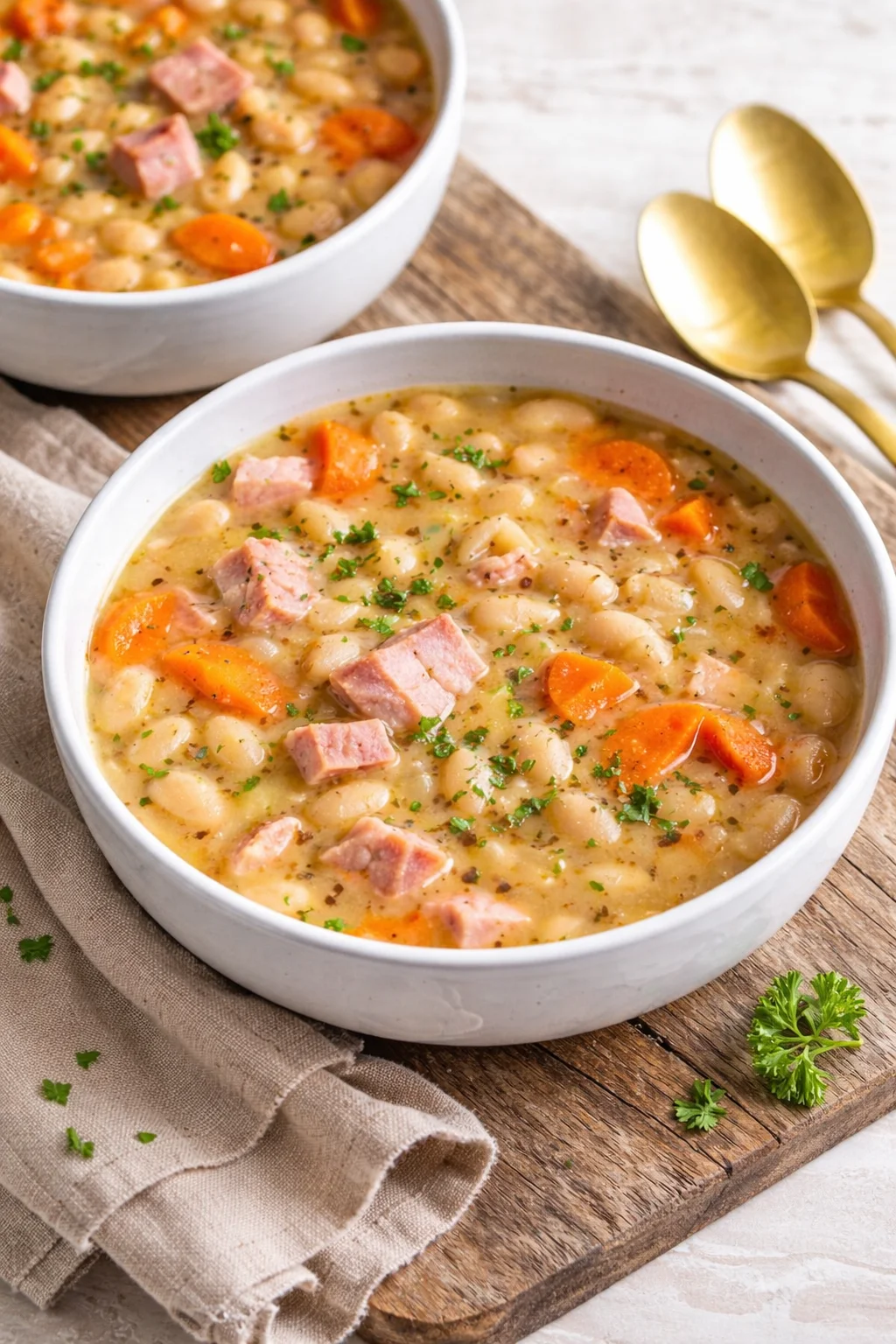 Bowl of easy ham and bean soup garnished with herbs and served with crusty bread