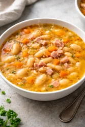 Bowl of easy ham and bean soup garnished with herbs and served fresh.