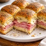 Delicious ham and Swiss sliders topped with sesame seeds on a white plate