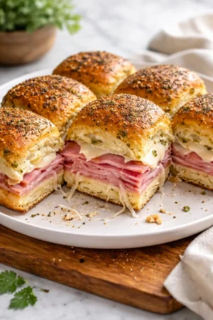 Delicious ham and Swiss sliders topped with sesame seeds on a white plate