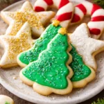Freshly baked easy sugar cookies decorated with colorful frosting