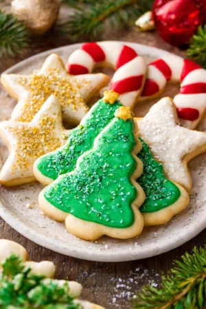 Freshly baked easy sugar cookies decorated with colorful frosting