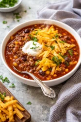 Bowl of easy taco soup garnished with cheese and cilantro
