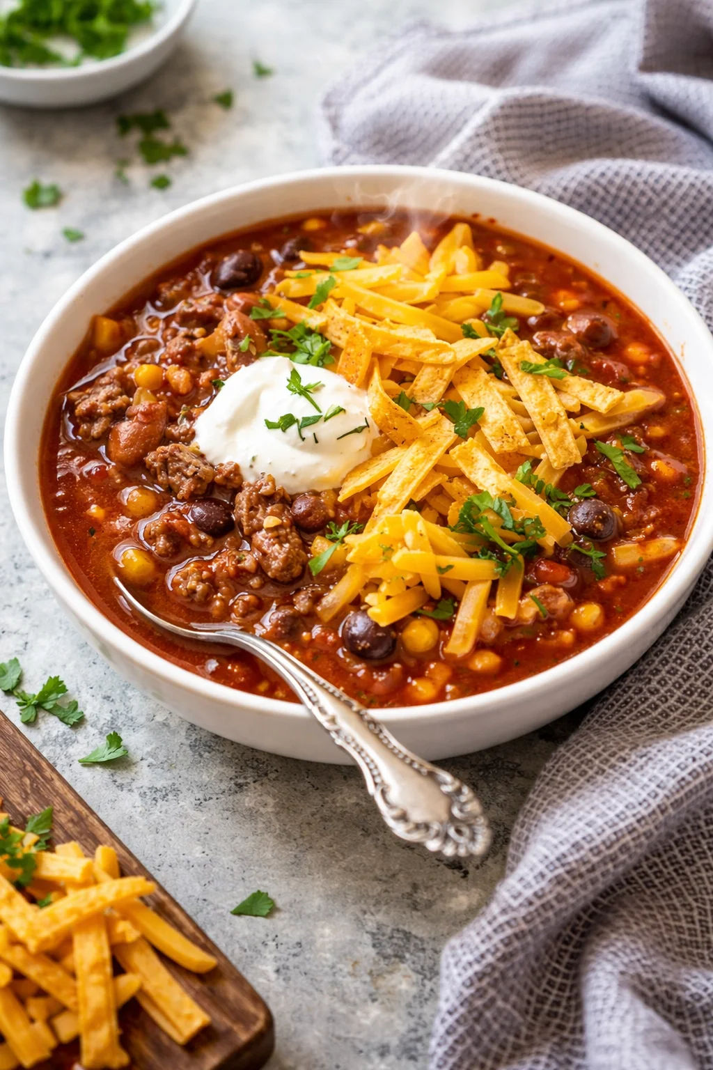 Bowl of easy taco soup garnished with cheese and cilantro