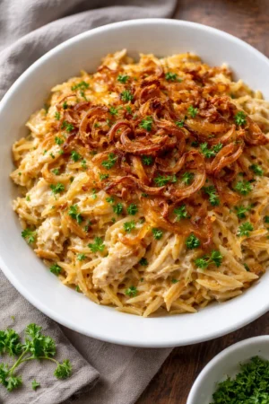 French Onion Chicken Orzo Casserole with melted cheese and herbs.