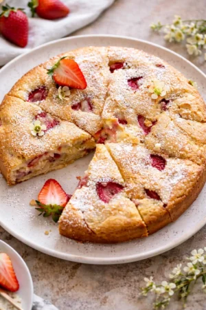 Delicious French Strawberry Cake with fresh strawberries and whipped cream on top.