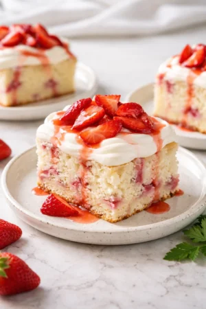 Fresh Strawberry Cake topped with ripe strawberries and whipped cream.
