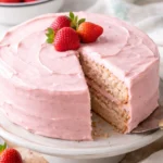 Fresh strawberry cake topped with ripe strawberries and whipped cream.