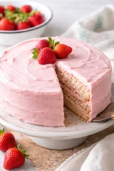 Fresh strawberry cake topped with ripe strawberries and whipped cream.