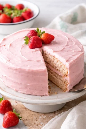Fresh strawberry cake topped with ripe strawberries and whipped cream.