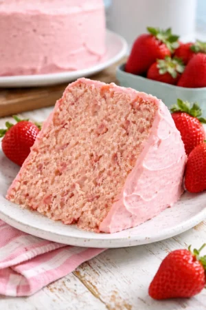 Freshly baked strawberry cake topped with real strawberries and whipped cream