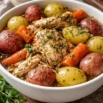 A plate of Garlic Butter Chicken made in a crockpot, garnished with herbs.