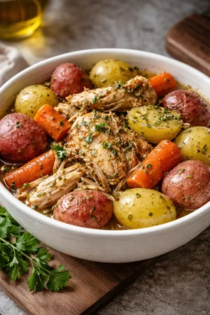 A plate of Garlic Butter Chicken made in a crockpot, garnished with herbs.