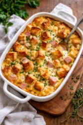 Delicious green bean casserole served in a baking dish with crispy topping.