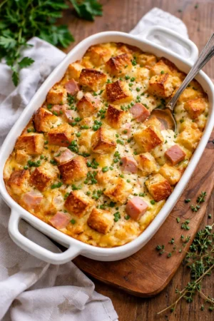 Delicious green bean casserole served in a baking dish with crispy topping.