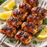 Delicious grilled bacon wrapped chicken skewers served on a plate