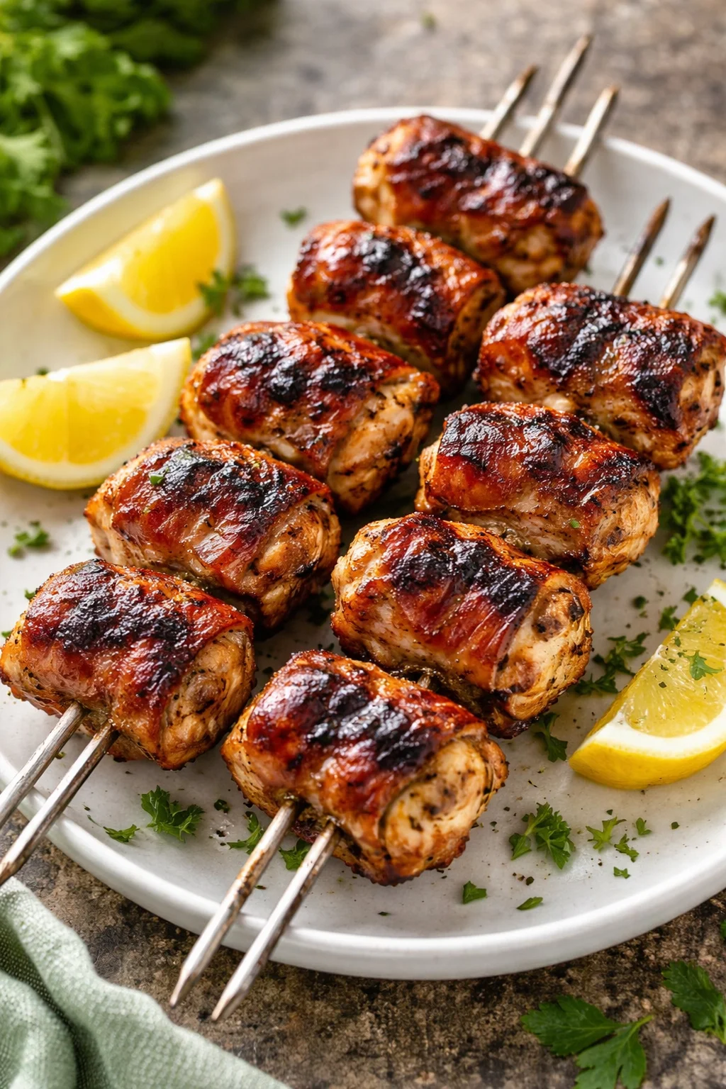 Delicious grilled bacon wrapped chicken skewers served on a plate