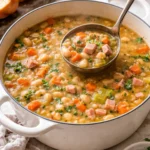 Bowl of hearty ham and bean soup with herbs and spices