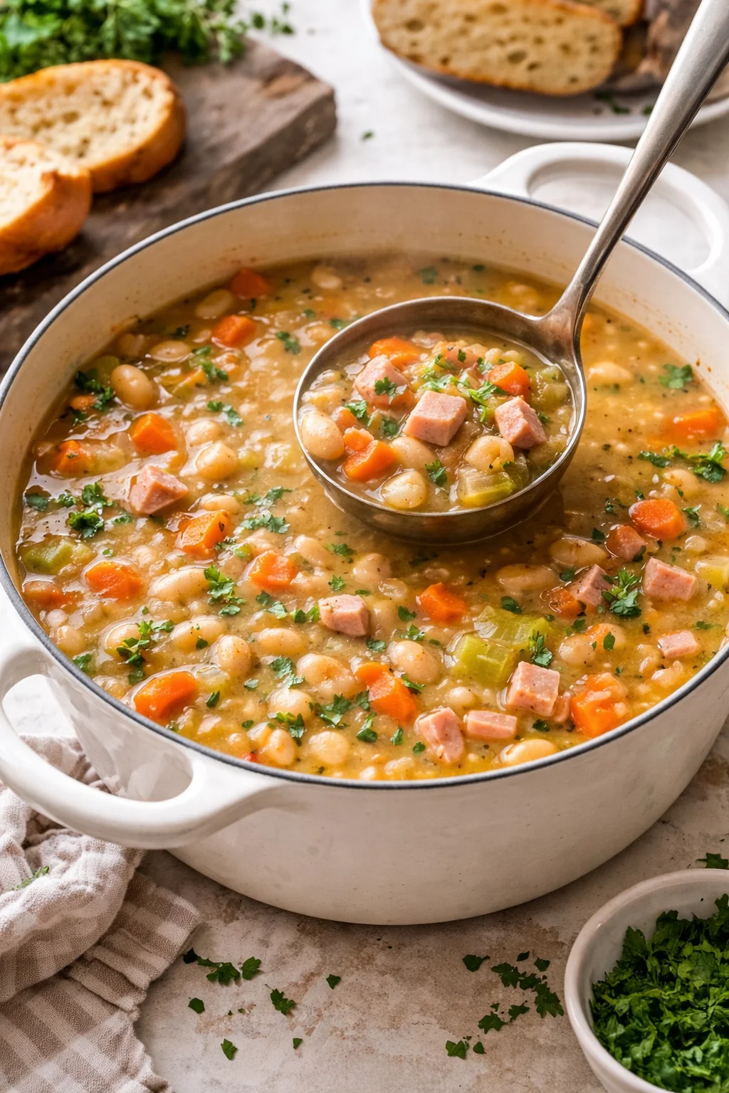 Bowl of hearty ham and bean soup with herbs and spices
