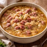 Bowl of hearty Ham and Bean Soup with fresh herbs on top
