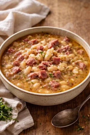 Bowl of hearty Ham and Bean Soup with fresh herbs on top
