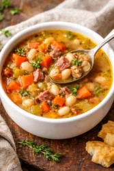 Bowl of hearty ham and bean soup with fresh herbs and crusty bread