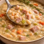 Bowl of homemade Ham and Bean Soup with herbs and bread on the side