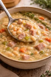 Bowl of homemade Ham and Bean Soup with herbs and bread on the side