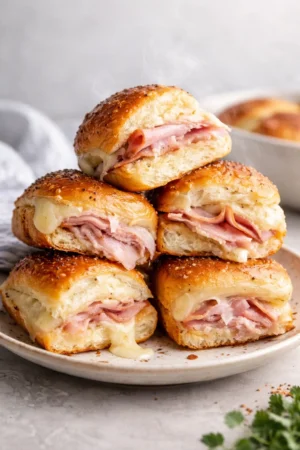 Delicious homemade Ham and Cheese Sliders on a platter