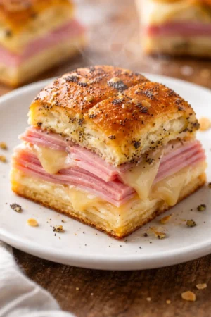 Ham and cheese sliders served on a platter, perfect for parties and gatherings