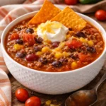 A bowl of hearty taco soup topped with cheese and cilantro, served with tortilla chips.