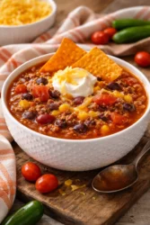 A bowl of hearty taco soup topped with cheese and cilantro, served with tortilla chips.