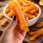Bowl of homemade candied orange peels garnished with fresh oranges