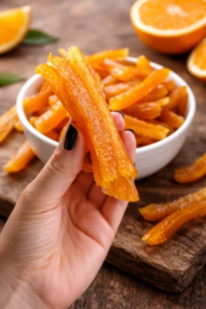 Bowl of homemade candied orange peels garnished with fresh oranges