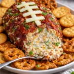 Jalapeno Popper Football Cheese Ball served on a platter