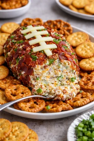 Jalapeno Popper Football Cheese Ball served on a platter