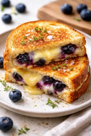 Juicy blueberry grilled cheese sandwich with melted cheese and fresh blueberries
