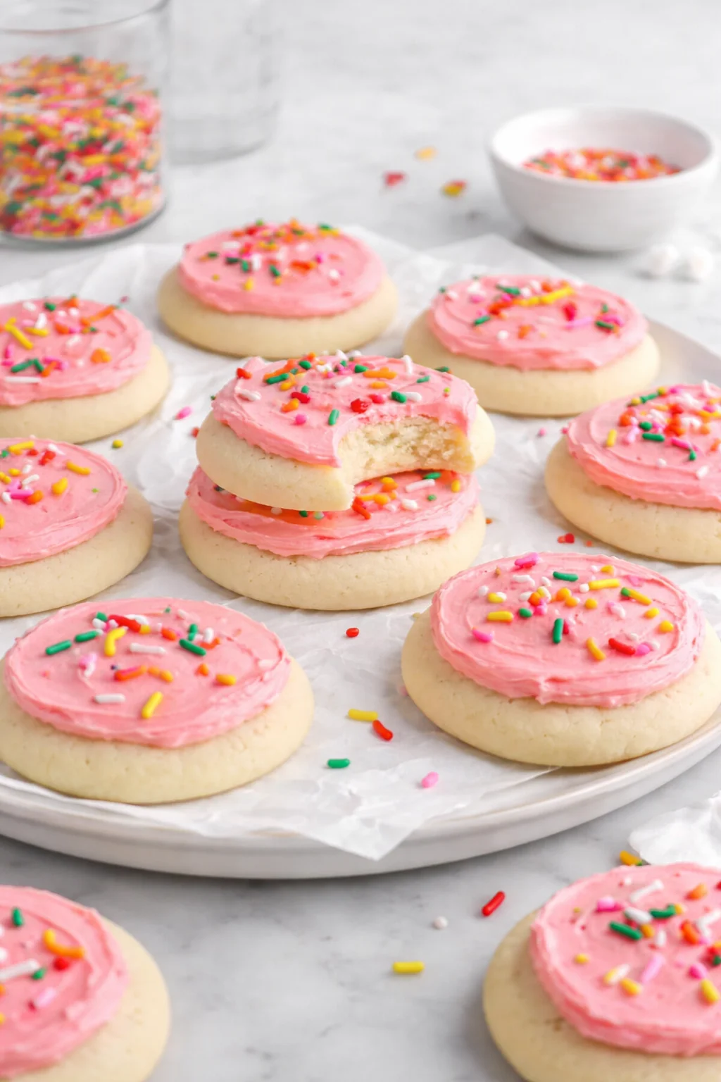 Frosted Lofthouse-style sugar cookies on a decorative plate