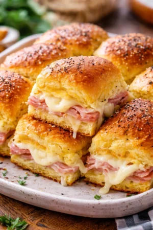 One Pan Ham and Cheese Sliders served on a platter with toppings