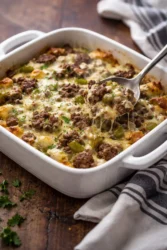 Philly cheese steak casserole with melted cheese and steak toppings