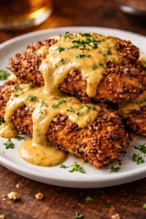 Plate of Pretzel Chicken with Mustard Cheddar Sauce garnished with herbs