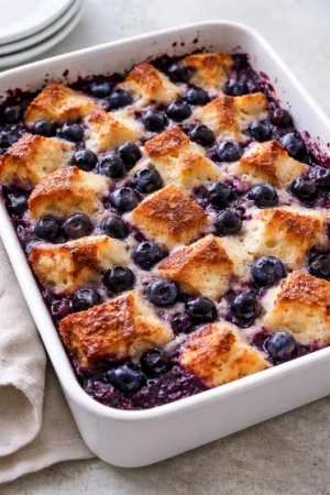 Delicious blueberry french toast casserole baked to golden perfection.