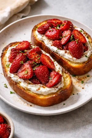Roasted strawberry whipped ricotta toast topped with fresh strawberries.