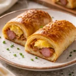 Sausage egg breakfast roll-ups served on a plate with fresh herbs