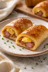 Sausage egg breakfast roll-ups served on a plate with fresh herbs