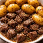 Slow Cooker Garlic Butter Beef Bites with Yukon Gold Potatoes on a plate