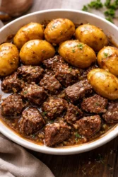 Slow Cooker Garlic Butter Beef Bites with Yukon Gold Potatoes on a plate