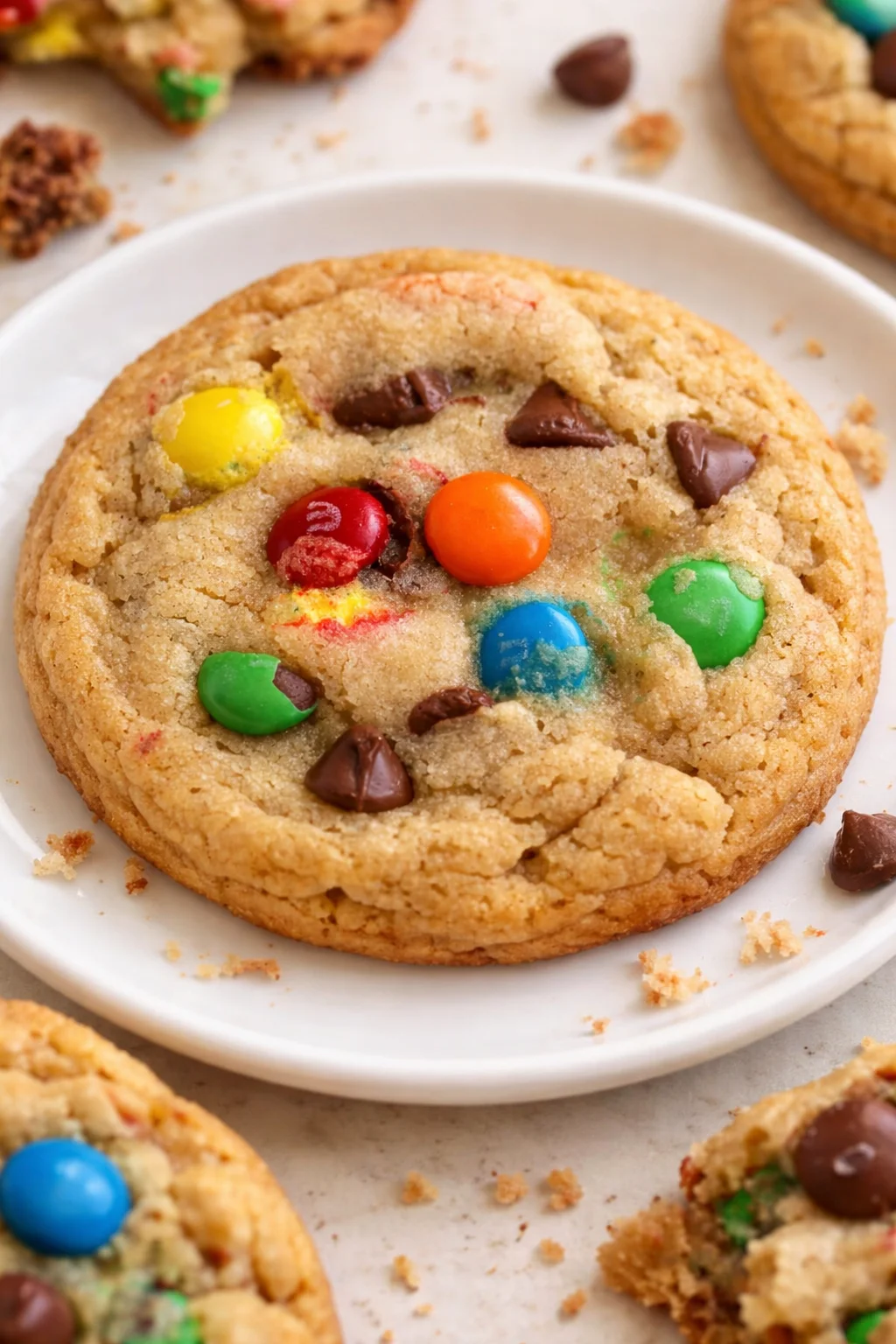 Freshly baked soft and chewy M&M cookies on a plate