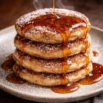 Delicious Spanish churro-inspired pancakes drizzled with chocolate sauce