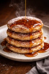 Delicious Spanish churro-inspired pancakes drizzled with chocolate sauce